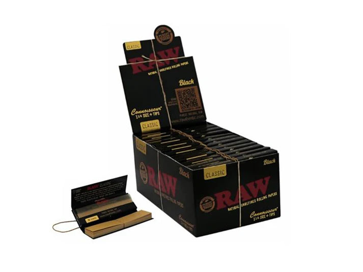 RAW BLACK | CLASSIC ROLLING PAPERS CONNOISSEUR 1 1/4 SIZE + TIPS | 24PK