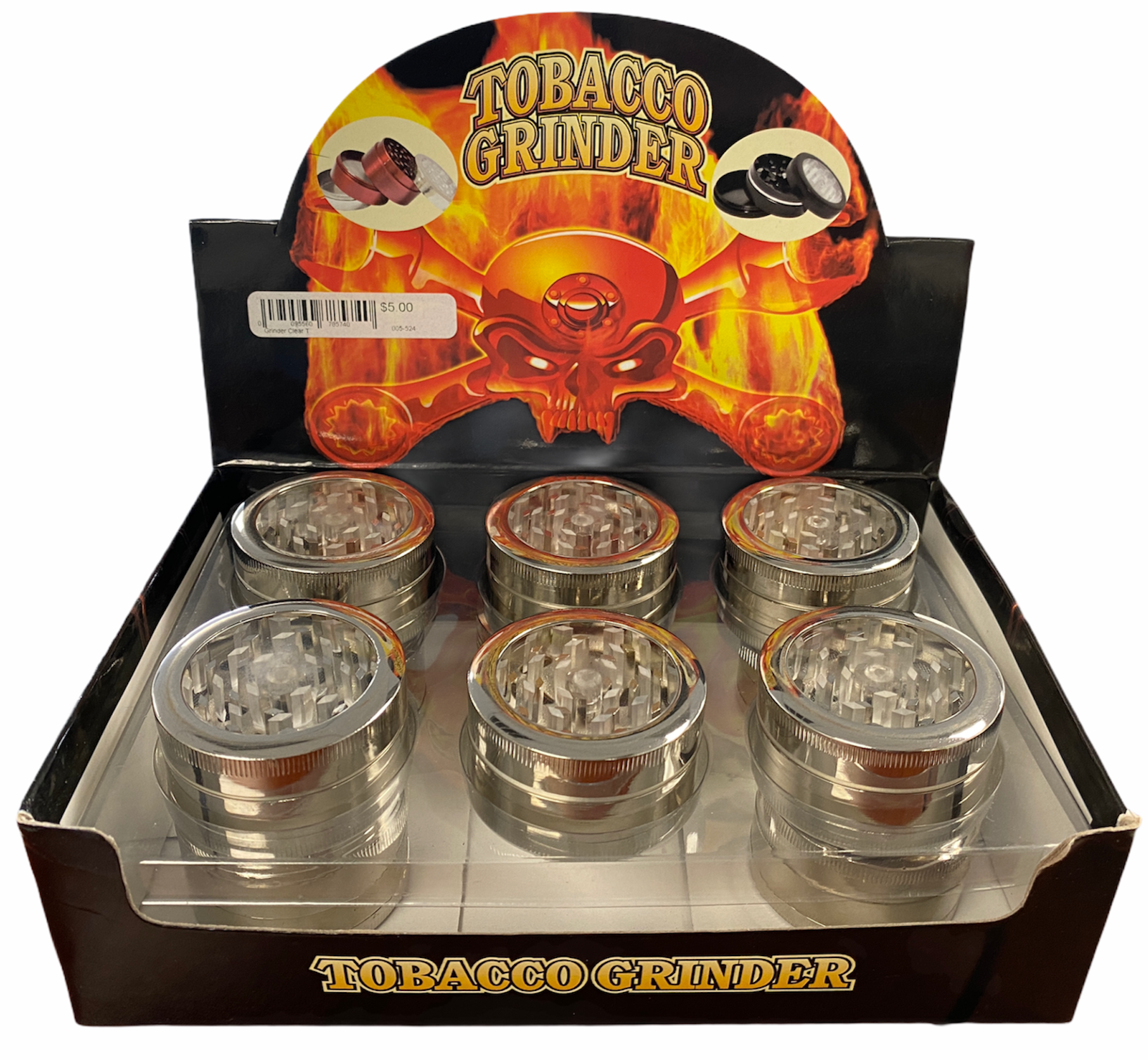 TOBACCO GRINDER 3 PART, GLASS TOP W/ SILVER BASE | PACK OF 12